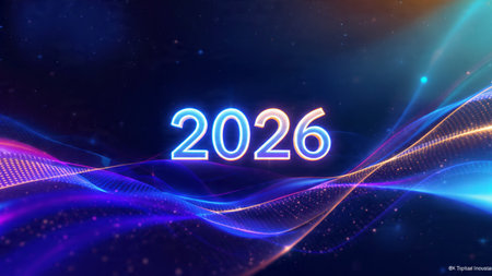 Happy New Year. Abstract blue background with glowing neon numbers. Vector illustration.