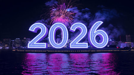 Happy new year 2016 with firework over the river at night.