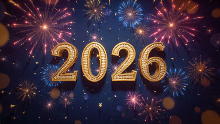 Luxury 2026 winter canvas with crystal-dust particles and clean festive space.