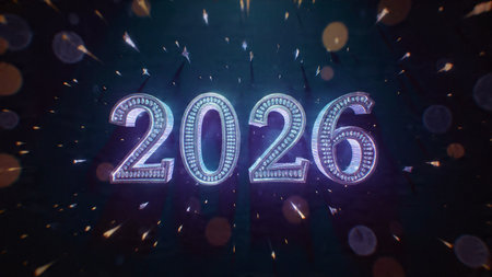 Luxury 2026 winter canvas with crystal-dust particles and clean festive space.