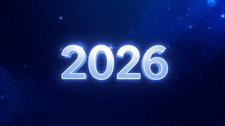 Happy New Year. Glowing neon numbers on dark blue background