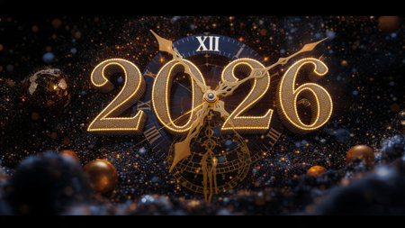 Happy New Year 2016. Golden numbers on a dark background. 3d illustration