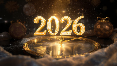 Premium 2026 luxury greeting with icy shimmer corners and soft festive glow.