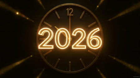 Luxury 2026 New Year greeting background with frozen bokeh glow, minimal festive accents.