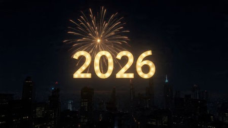 Happy New Year 2016 with fireworks and cityscape background.