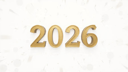 Luxury 2026 New Year scene with smooth glassy reflections and refined white balance.
