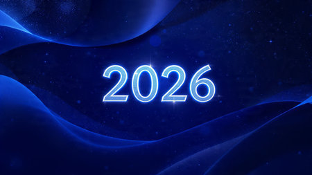 Happy New Year. Glowing neon numbers on a blue background