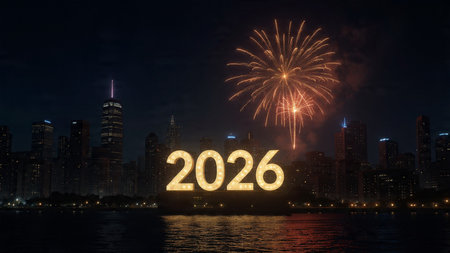 Luxury 2026 New Year visual with smooth icy light arcs and premium copy space.