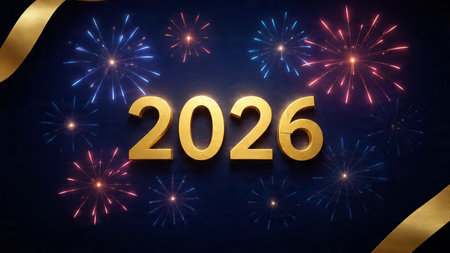 Happy New Year background with fireworks and golden numbers. Vector illustration.