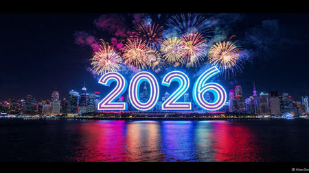 Premium 2026 greeting design with diamond frost particles and calm winter glow.