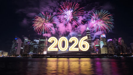 Premium 2026 New Year backdrop with smooth ice-glass reflections and calm winter mood.