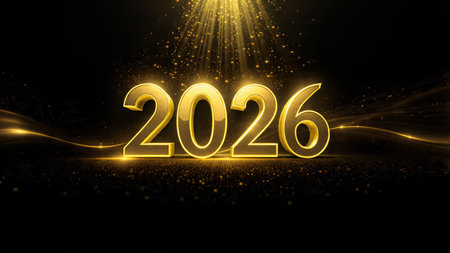 Luxury 2026 New Year greeting background with frozen bokeh glow, minimal festive accents.