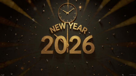 New Year's Eve background with golden numbers and clock. 3D rendering