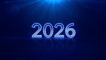 Happy new year 2026, 3d rendering, blue neon numbers, light effect