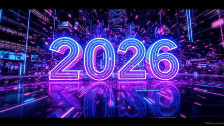 Glowing neon sign of new year on abstract background, 3D rendering
