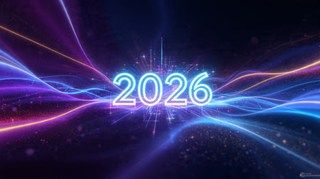 Luxury New Year 2026 background with silver clock silhouette, midnight glow, and soft frost...