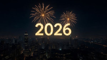 Happy New Year with fireworks over the cityscape