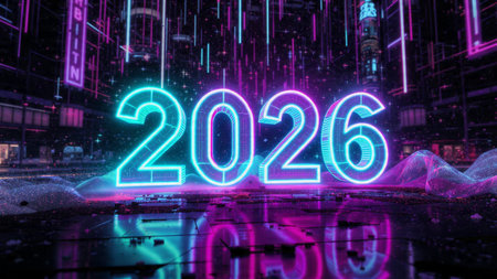 New year glowing neon sign on night city background 3D rendering