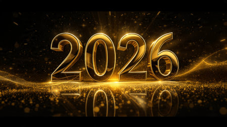 Happy New Year. Golden numbers on black background. 3D illustration