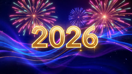 Elegant 2026 New Year composition with silver light ribbons and crisp winter sparkle particles.
