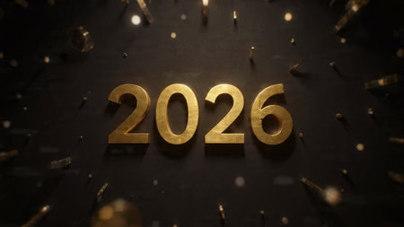 Happy New Year. Golden numbers on a dark background. 3D illustration