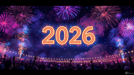 New Year celebration with fireworks and crowd in front of the stage