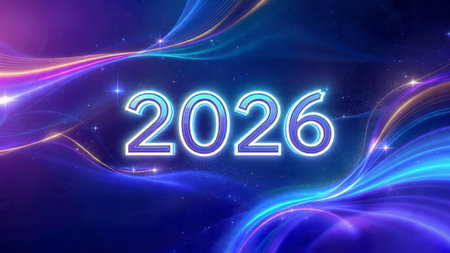 Happy new year 2016 written with glowing neon lines on dark blue background