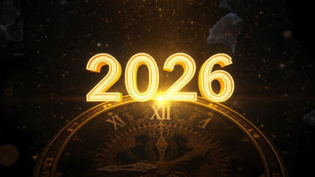 Happy New Year. Glowing golden numbers and clock on dark background