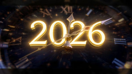 Premium 2026 celebration visual with soft frozen glow arcs and minimal shadows.