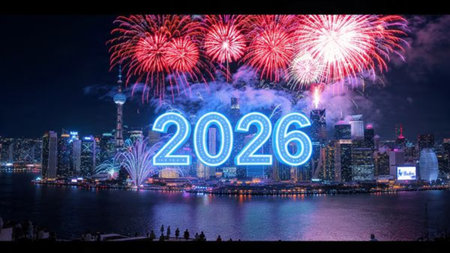Refined 2026 greeting canvas with soft silver glow and minimal confetti noise, luxury layout.