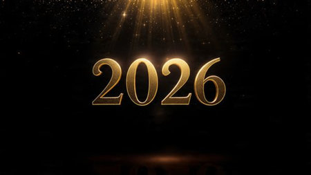 Luxury New Year 2026 background with silver clock silhouette, midnight glow, and soft frost...