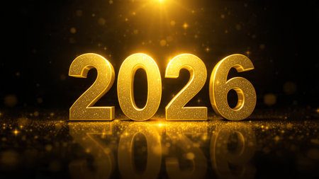 Luxury 2026 celebration canvas with smooth glassy number reflections and cool glow.