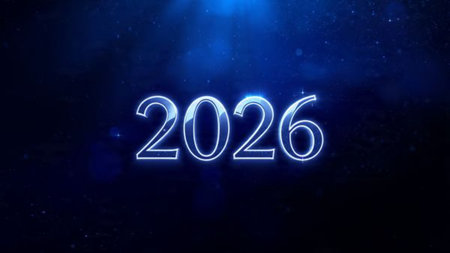 Elegant 2026 celebration backdrop with pearl frost spark corners and clean space.