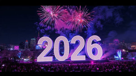 Premium 2026 New Year backdrop with smooth ice-glass reflections and calm winter mood.