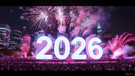 Minimal luxury 2026 New Year composition with gentle glow arc, silver sparkle gradient, clean copy...