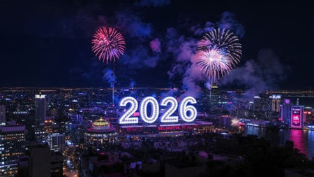 Luxury 2026 New Year scene with smooth glassy number reflections and refined white balance.