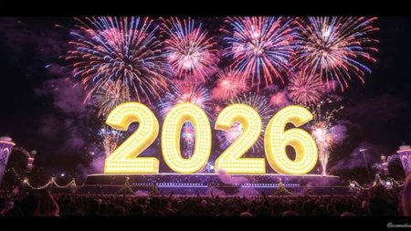 Elegant 2026 premium canvas with cool winter sparkle trails and crisp lighting composition.