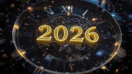 Elegant 2026 celebration visual with frozen sparkle particles and clean layout balance.