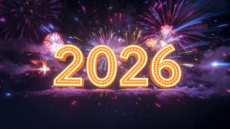2026 premium celebration backdrop with soft glowing frost arcs and minimal noise.