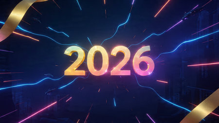 New year concept with glowing neon numbers on dark background. 3D Rendering
