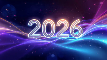 Luxury 2026 greeting with pearl-silver shimmer haze and cool winter illumination.