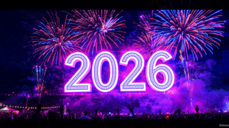 Luxury 2026 New Year visual with smooth silver light trails and clean layout balance.