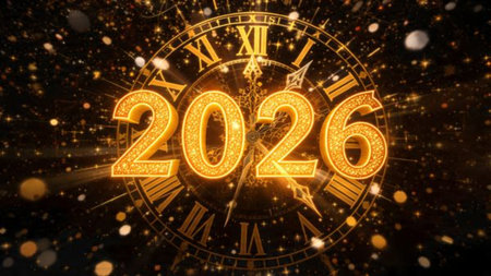 Premium 2026 New Year backdrop with smooth ice-glass reflections and calm winter mood.
