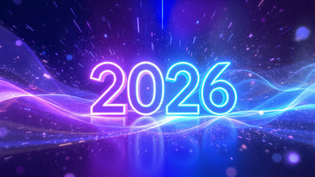 2026 New Year luxury greeting with ice-blue shimmer and subtle silver sparkle overlay.