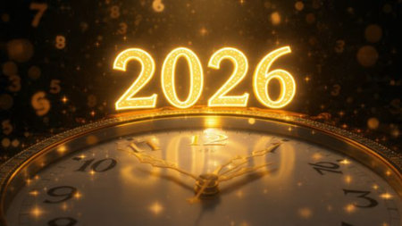 Luxury 2026 New Year greeting background with frozen bokeh glow, minimal festive accents.