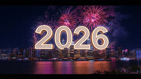 Happy new year with fireworks over cityscape background, Happy new year concept