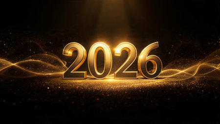 Happy New Year 2016. Golden numbers on black background. 3D illustration