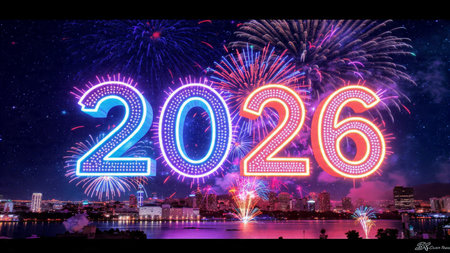 High-class 2026 greeting canvas with cool glimmer trails and minimal festive accents.