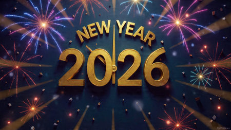New Year 2026 celebration background with fireworks. 3D Rendering