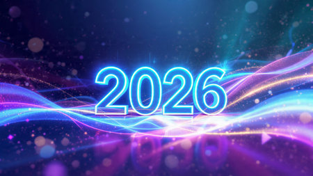 Happy New Year 2026. Glowing neon numbers on dark background. Vector illustration.